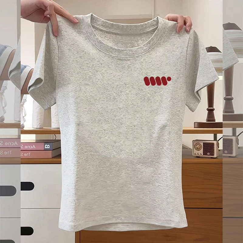 婳娇高级灰洋气简约短袖女装新款设计感修身显瘦高腰t恤短款上衣