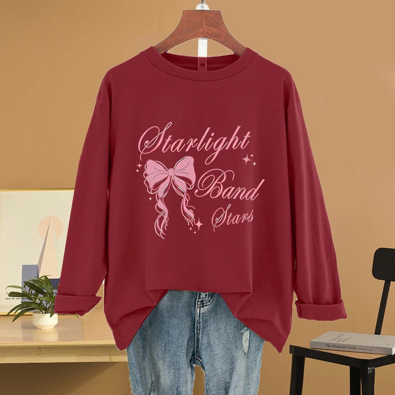 大码宽松红色纯棉长袖t恤女装2025年新款春秋季休闲百搭打底上衣