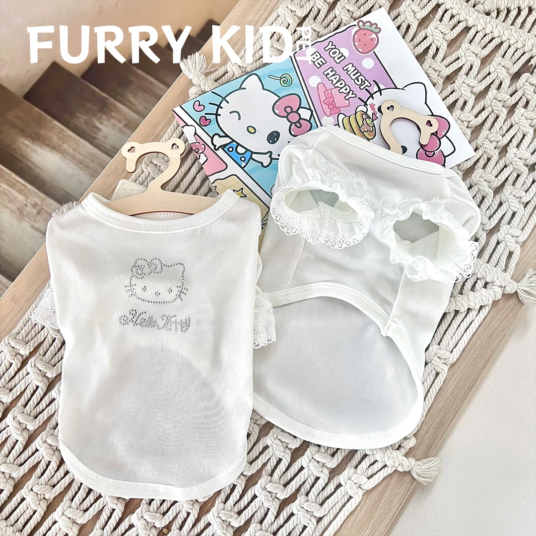 FURRYKID 「蕾丝甜心」烫钻蕾丝花边两脚衣 棉柔纯色打底宠物衣服