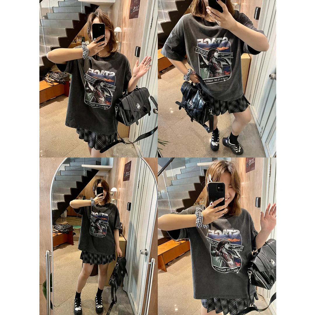 晶咕白标~美式复古做旧砂印花宽松T恤女夏季大码短袖上衣时尚休闲