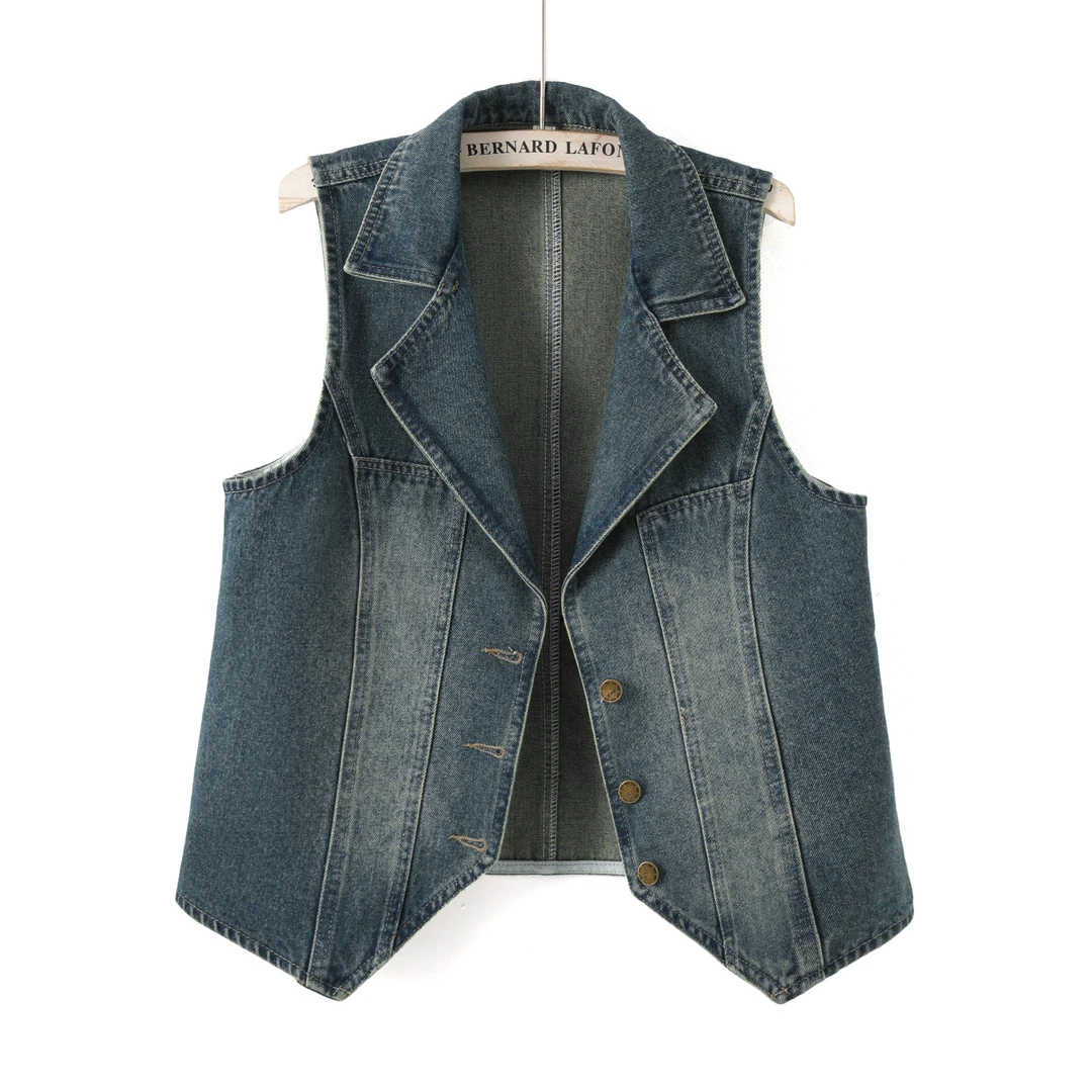 欧货复古西装领牛仔马甲女春秋款小个子洋气百搭无袖坎肩背心外套