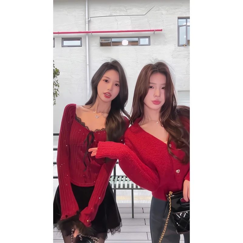 V领蝴蝶结针织毛衣蕾丝修身上衣a字半身裙短裙包臀裙微喇牛仔裤子