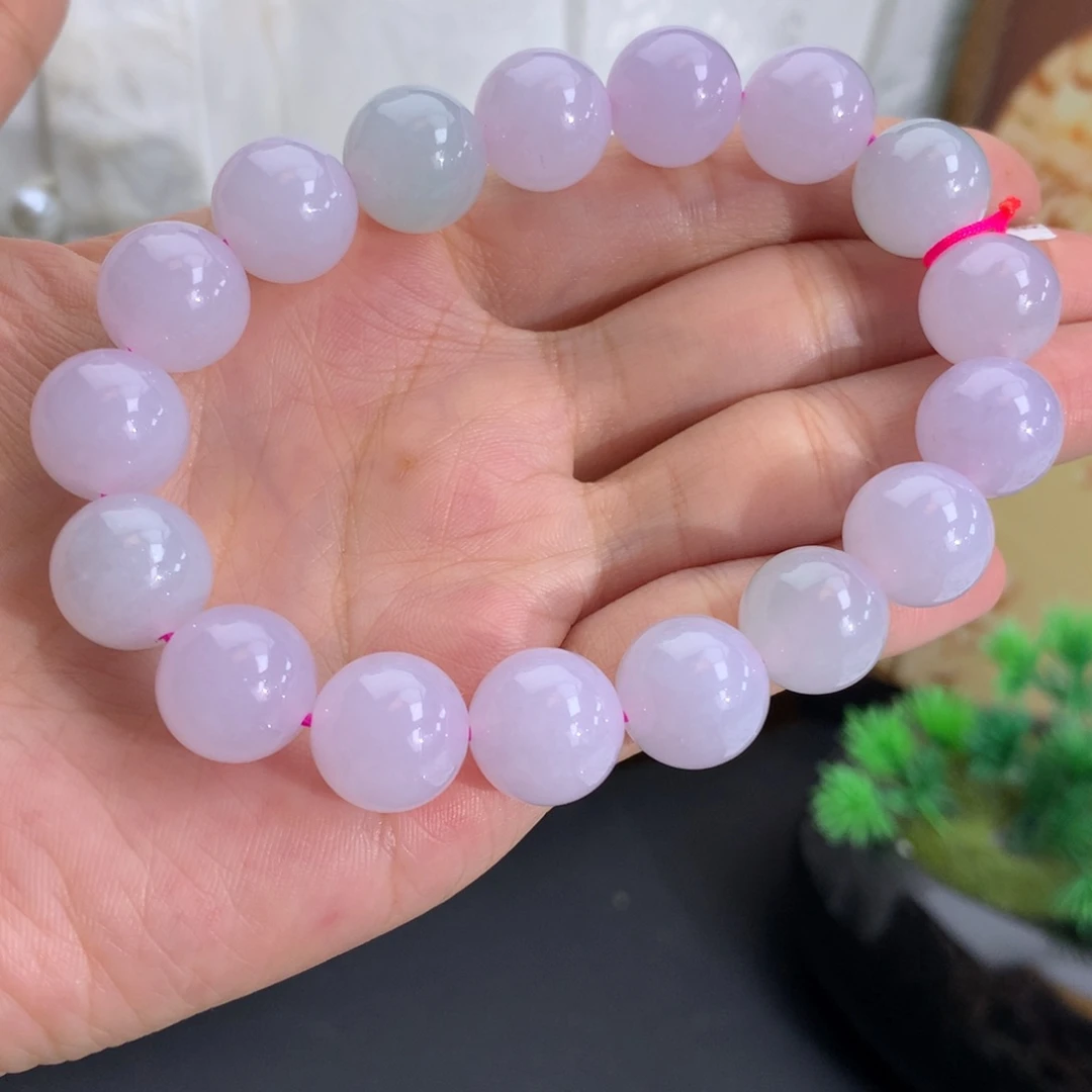 翡翠未镶嵌手串卡12.3胶润淡淡粉紫手串