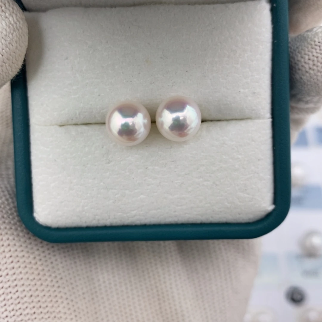 海水珍珠海水特选珠光Akoya8-8.5mm成品素钉银S92