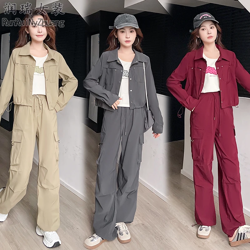 简约风时尚套装女2025秋季新款宽松短外套字母背心工装裤三件套潮