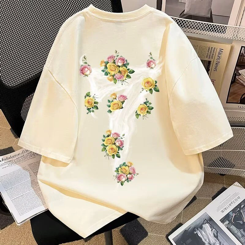 美式个性花卉字母印花短袖T恤女夏季ins潮牌百搭宽松纯棉情侣上衣