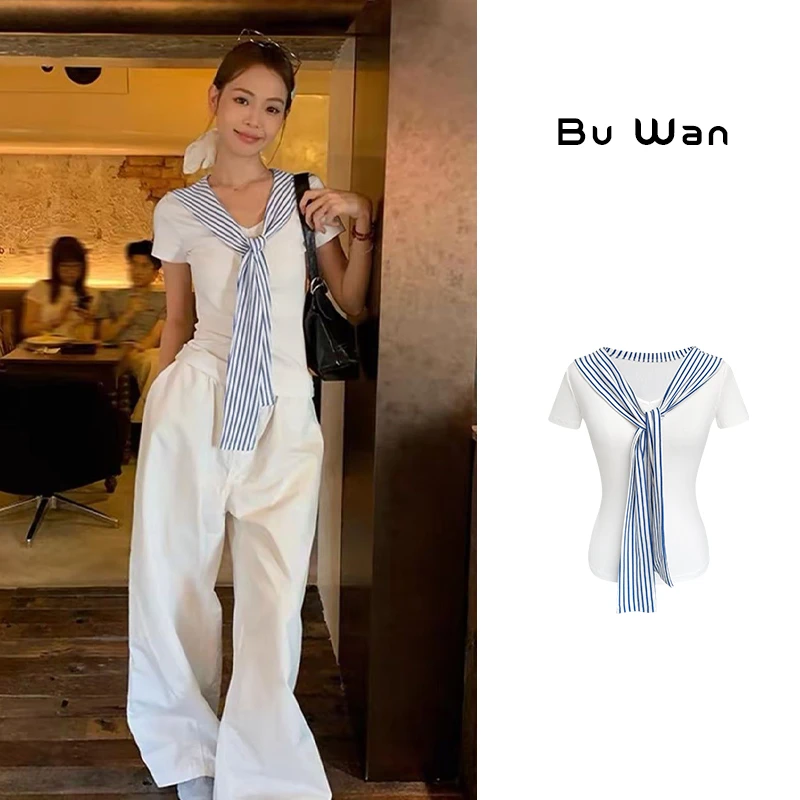 白色海军领假两件短袖t恤女正肩夏季设计感V领短款上衣x3681