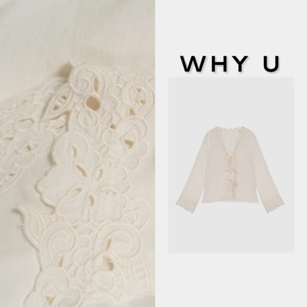 WHYU夏季新款极简风白色镂空边系带开衫上衣【珙慧】25SS