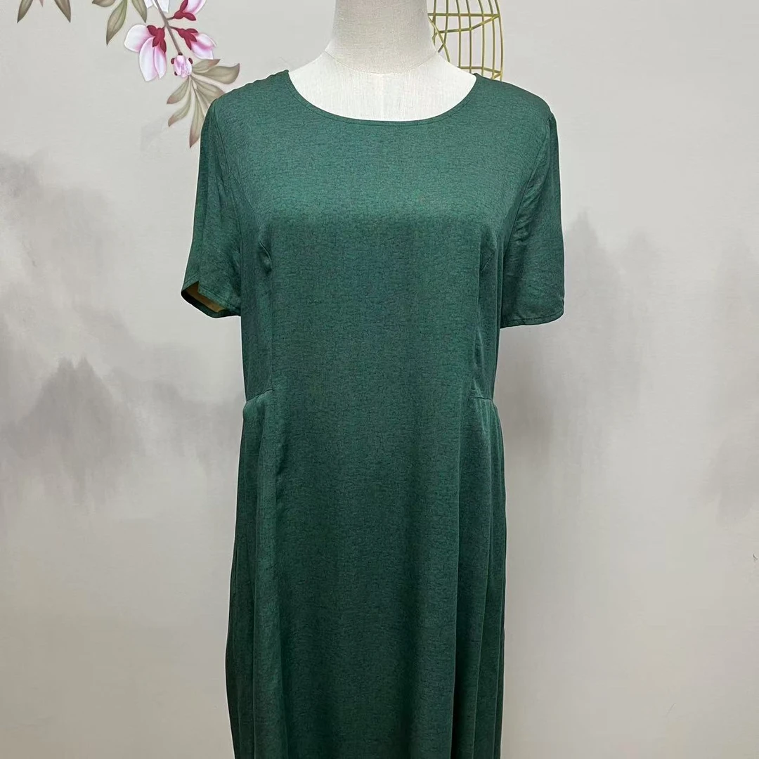 【绒兰】贡缎棉绸圆领立体裁剪收腰 连衣裙 005号绿色小裂纹