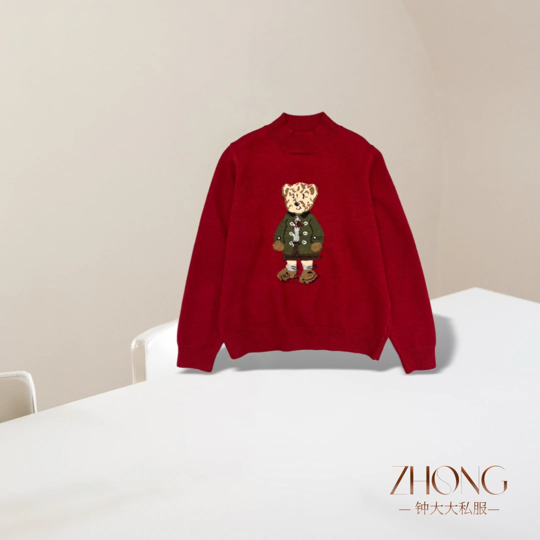 ZHONG大大【】冬款小熊提花毛衣女圆领套头针织弹力上衣12180