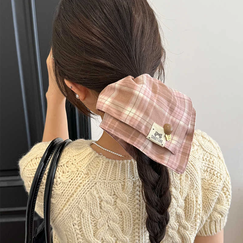 韩版格纹方巾布艺大肠发圈女方形低马尾发绳橡皮筋复古气质扎头绳