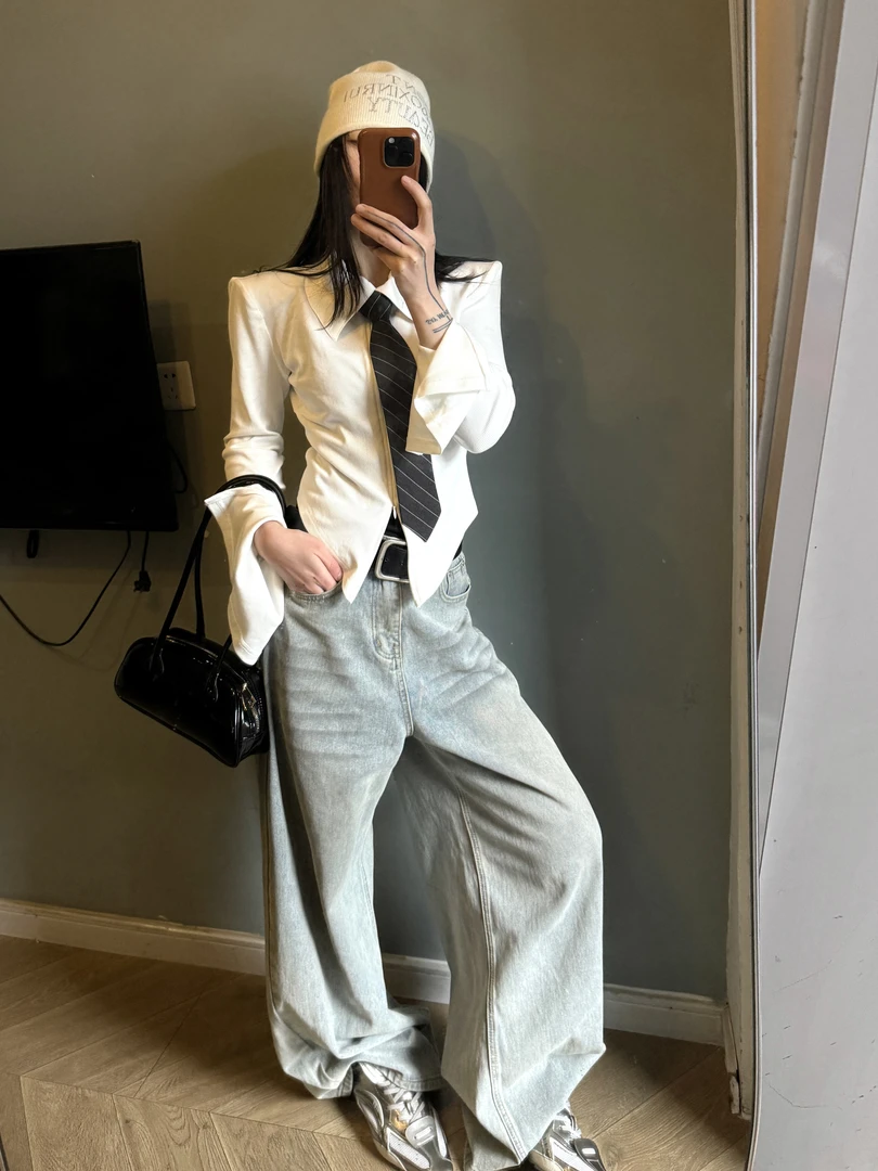 春款小众领带垫肩小特色酷飒上衣