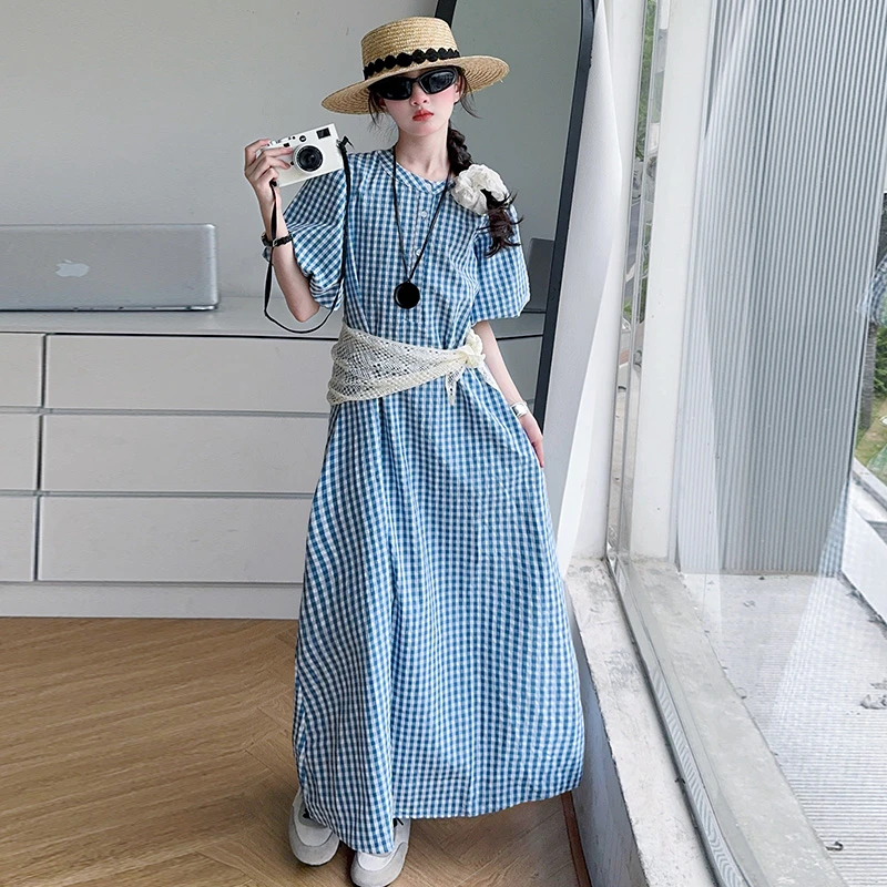 [麦哆哆」女童中大童夏季韩范时髦洋气泡泡袖气质长款格子连衣裙