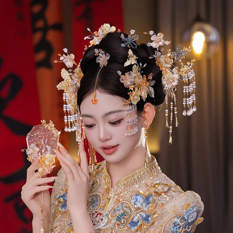 合金婚庆饰品 新娘头饰浅色减龄甜美古风秀禾服结婚发饰品G0199