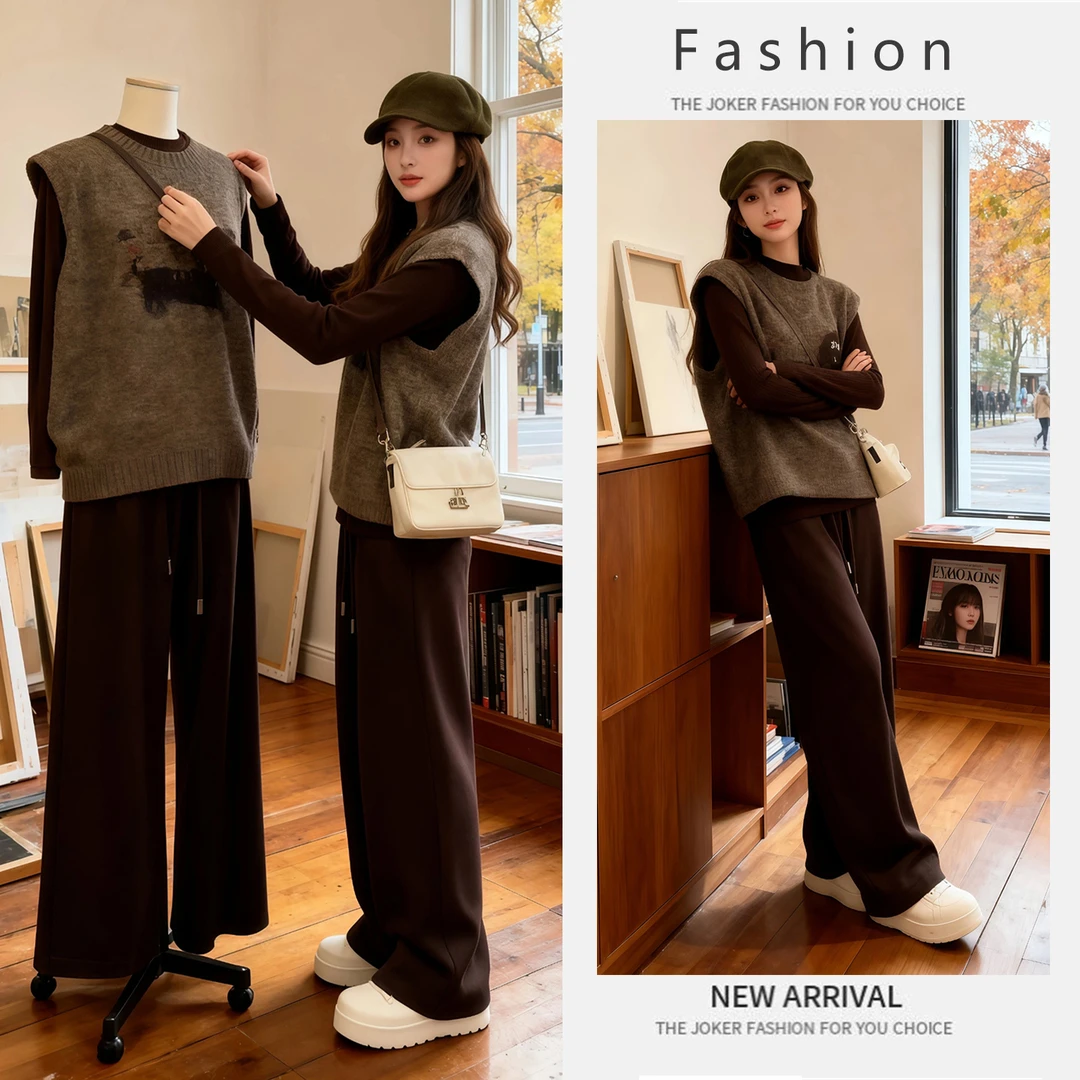 今年流行简约穿搭女秋冬时尚气质针织衫马甲打底衫阔腿裤三件套装