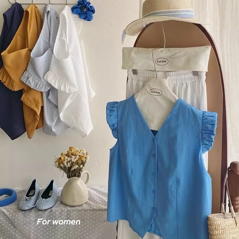 韩系文雅V领单排扣衬衫女夏温柔气质百搭花边小飞袖休闲上衣