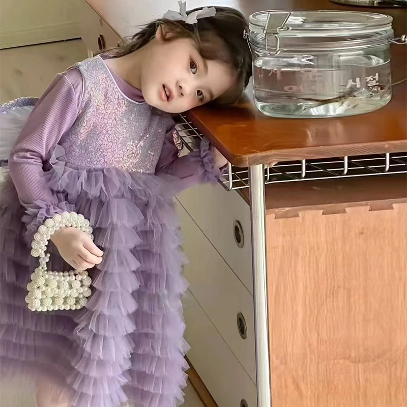 女童长袖连衣裙2025新款春秋亮片蓬蓬纱裙儿童甜美生日公主礼服裙