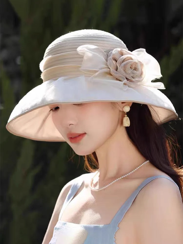 法式帽子女名媛英伦夏天太阳帽复古蕾丝花朵盆帽网纱遮阳帽渔夫帽