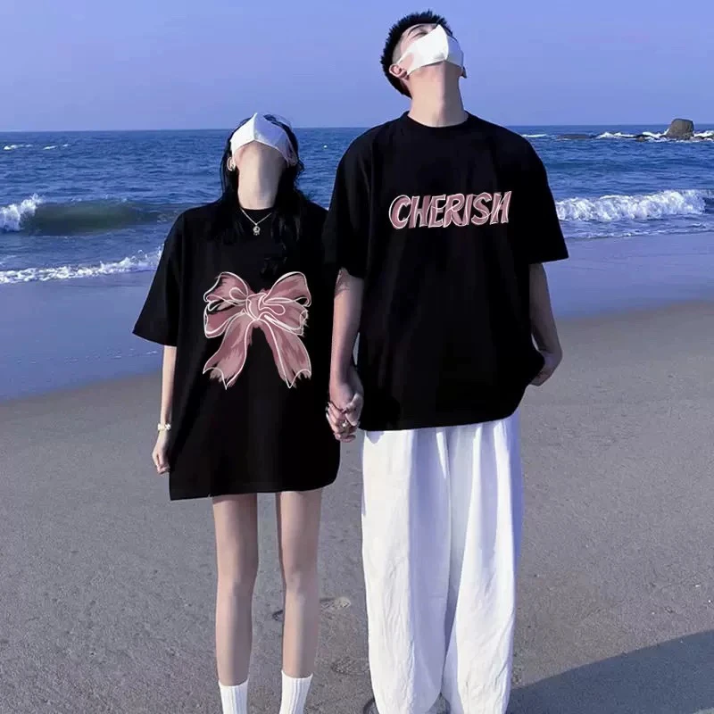 创意简约英文字母蝴蝶结情侣装t恤纯棉时尚休闲百搭短T恤一男一女