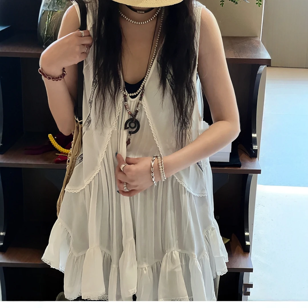 【十七蕾丝V领背心裙】2025夏甜美时尚显瘦褶皱宽松吊带裙连衣裙