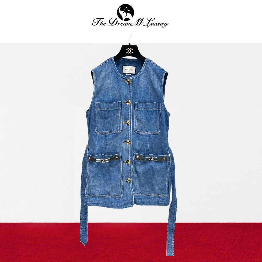 99新 GUCCI/古驰 42码四口袋牛仔无袖连衣裙
