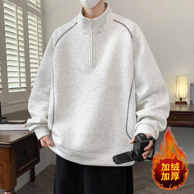 加绒加厚秋冬季新款休闲简约半高领套头卫衣美式男生帅气保暖上衣