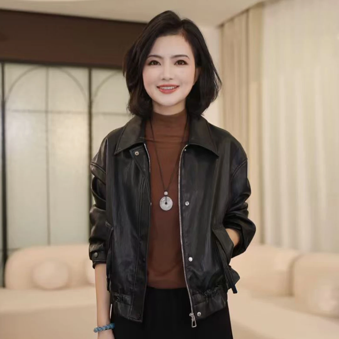 枫竺阿楠anan酷飒风蛋白皮皮衣外套女秋新款翻领质感机车猎装夹克