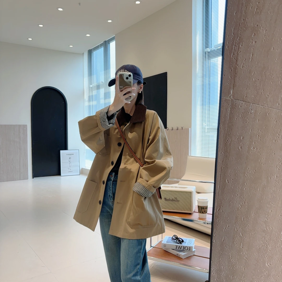 禾家春秋风衣大码小个子女士2025新款韩式宽松带翻领条纹袖款式