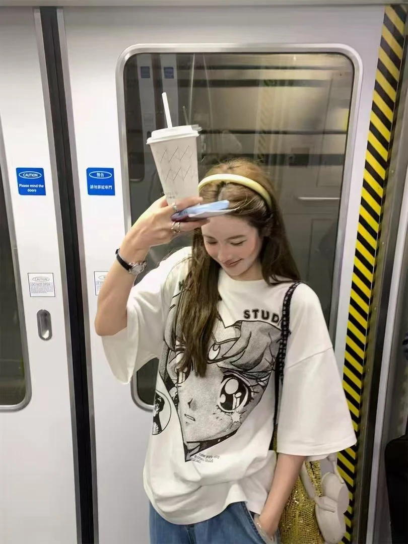 25年夏季新款宽松版型超大遮肉显瘦美式美少女印花图案短袖T舒适