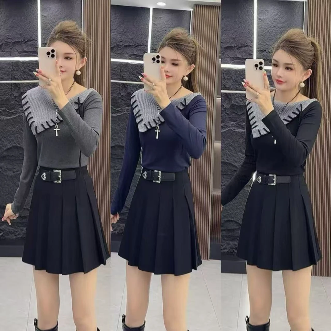 秋季0504 时尚洋气装饰拼接领口长袖上衣