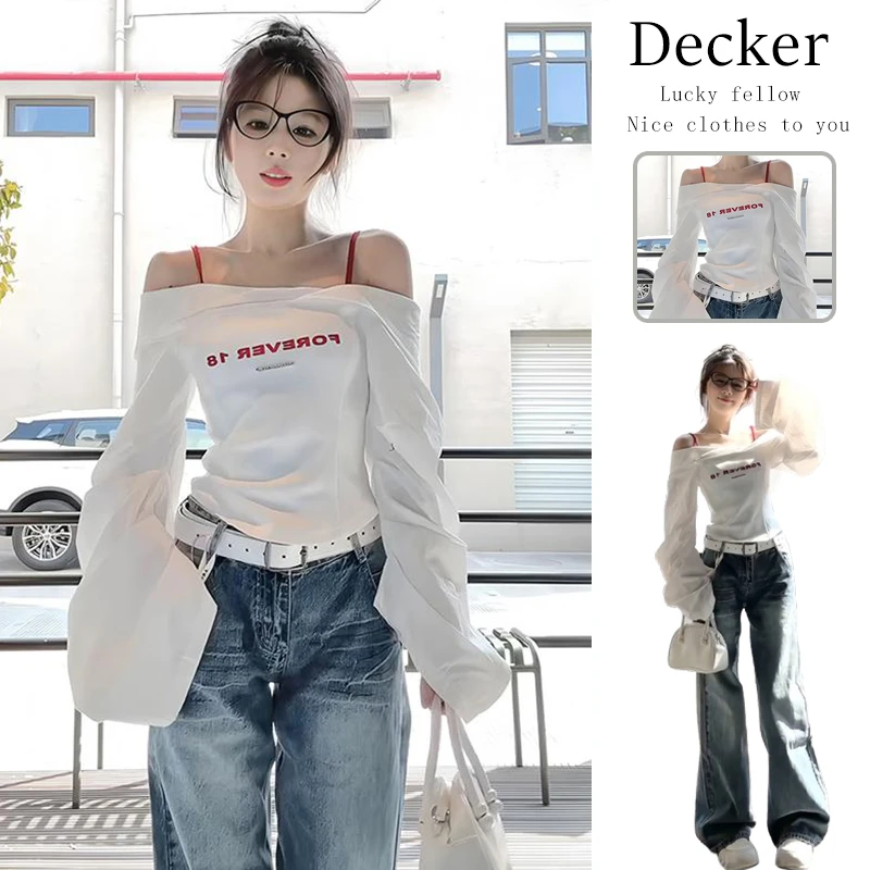 今年流行一整套女2025春季新款韩系辣妹露肩上衣高腰牛仔裤两件套