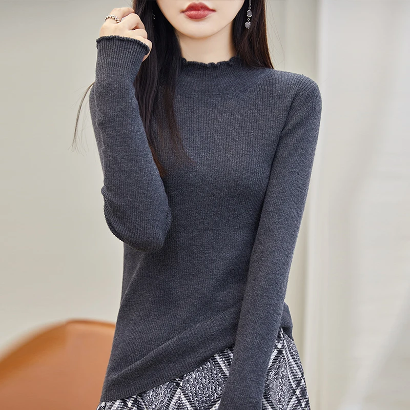 羊毛衫女100精纺纯羊毛修身显瘦半高领毛衣木耳边洋气打底针织衫