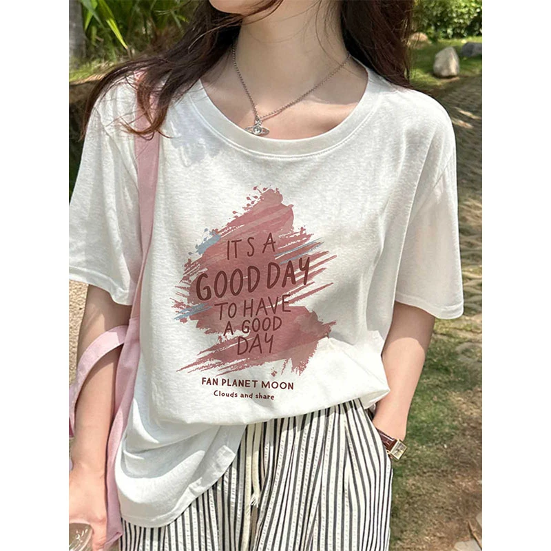 轻薄雪花棉夏季爆款韩版时尚百搭圆领短袖T恤女设计感白色上衣潮