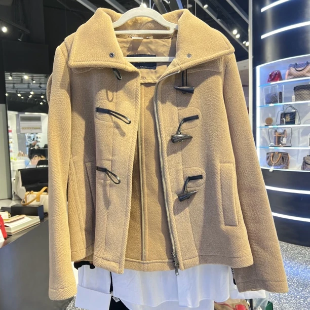 99新 BURBERRY/博柏利 蔚蓝/牛角 杏色色 羊绒连帽大衣 36码