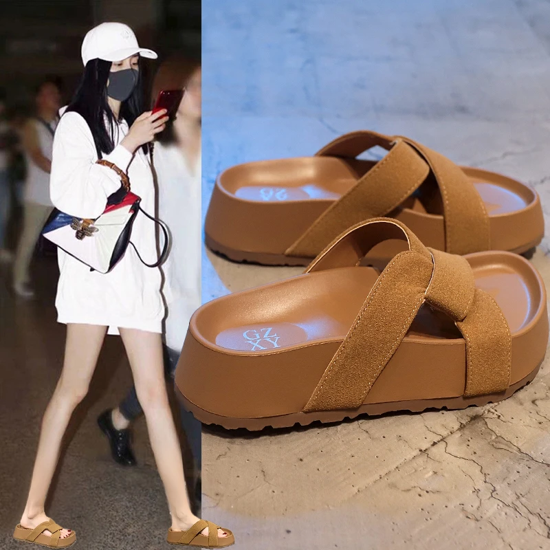 爆款厚底凉拖鞋女夏外穿2025新款时尚复古外穿配裙子勃肯一字拖鞋