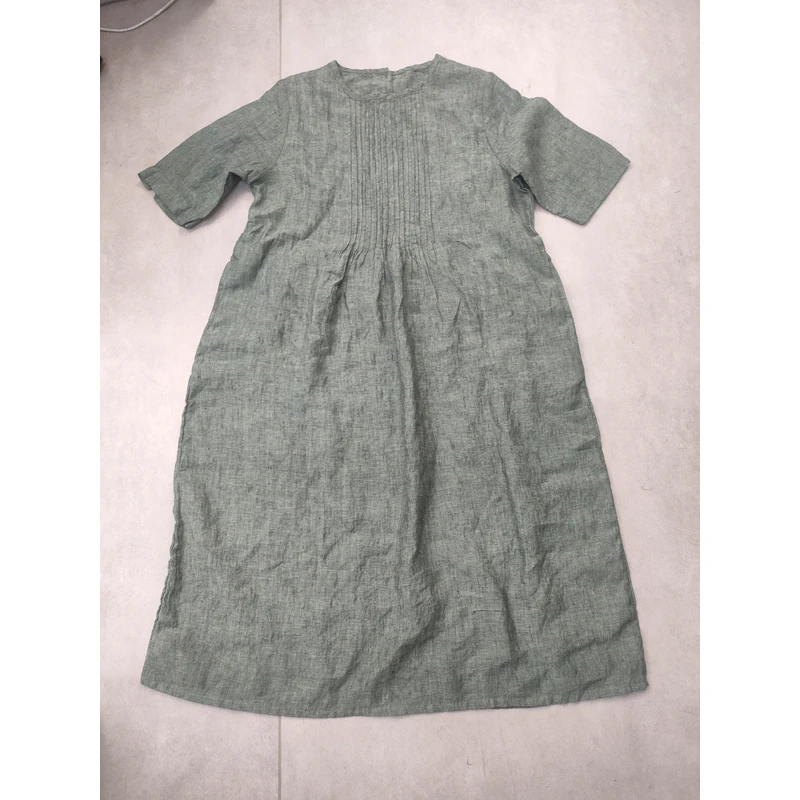 （色织绿）新款汉麻百搭显瘦轻奢风风褶琴工艺休闲连衣裙XHH 5607