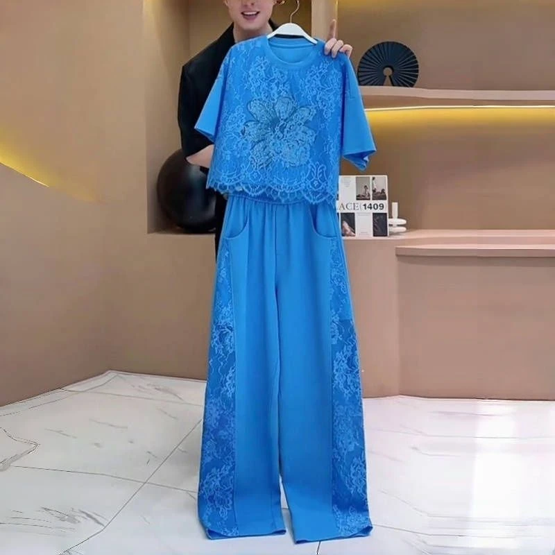 2025夏欧货炸街休闲运动套装女洋气显瘦蓝色短袖T恤阔腿裤两件套