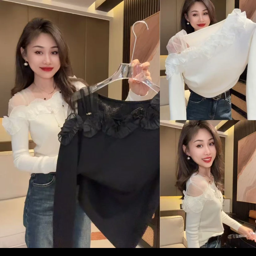 欧货立体花朵钉珠长袖T恤打底衫女秋冬新款设计感修身显瘦上衣潮