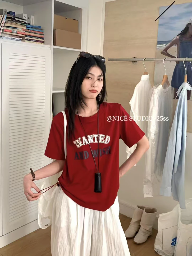 Meiky饼 美式复古 字母印花抽绳宽松休闲圆领短袖T恤 4色