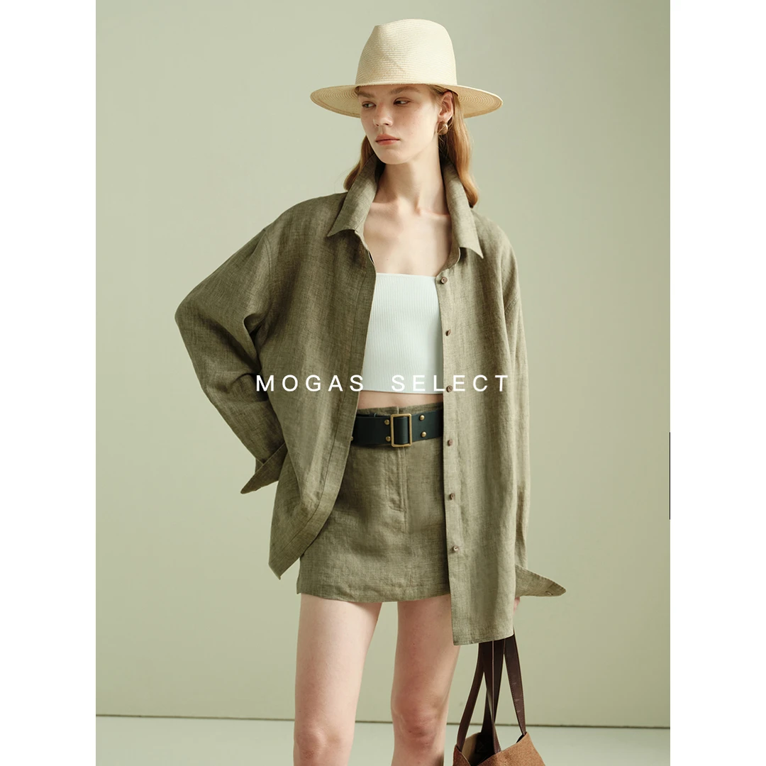Mogas【达人专属】100纯亚麻环葆定染老钱雅痞风衬衫短裙裤套装