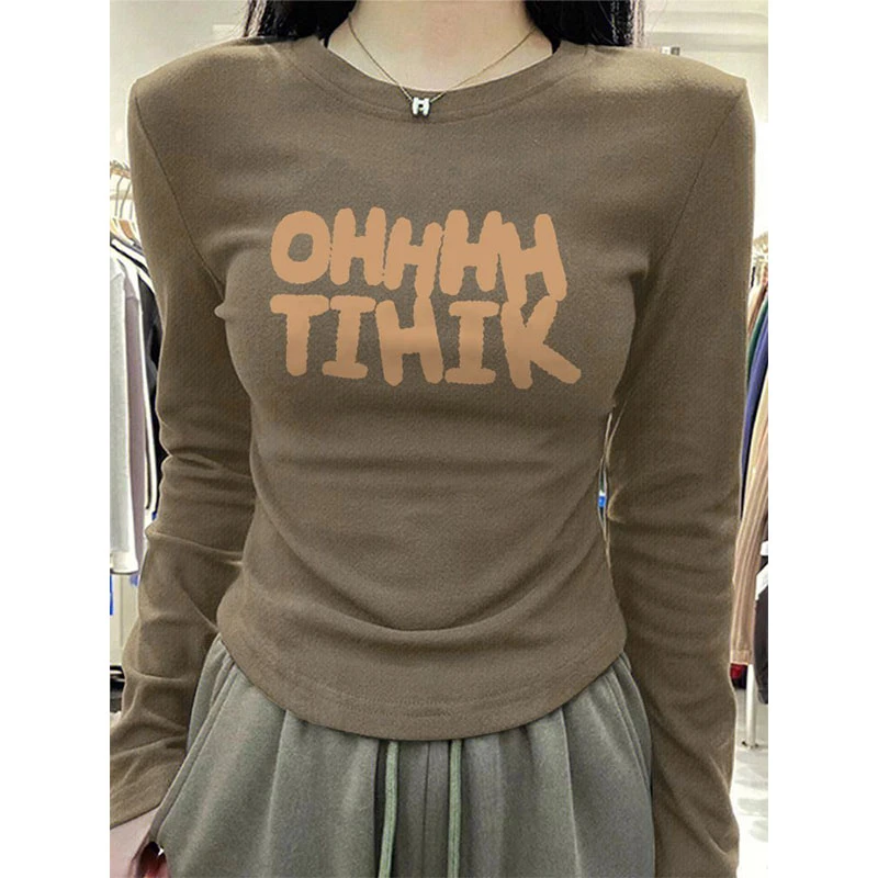 美式简约字母印花加厚长袖T恤女秋冬季磨毛德绒内搭修身打底上衣