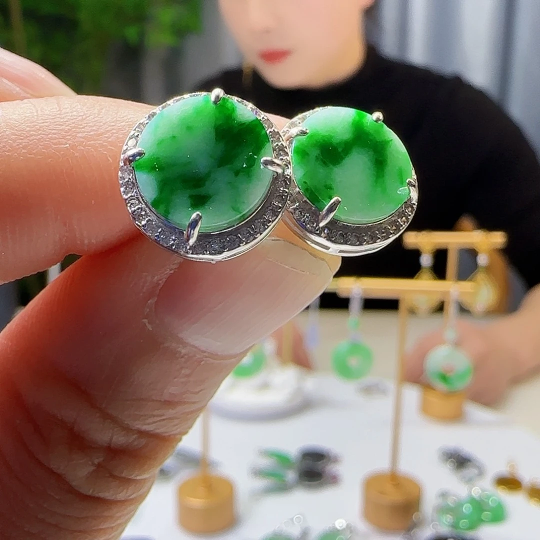 翡翠耳饰银S925镶嵌天然缅甸