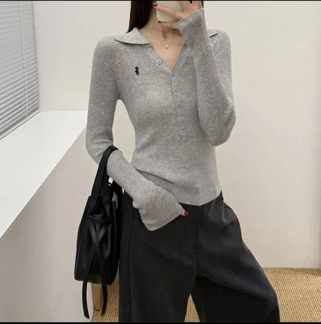 【大码】高级老钱风polo领针织衫女秋季新款修身显瘦刺绣上衣#2537