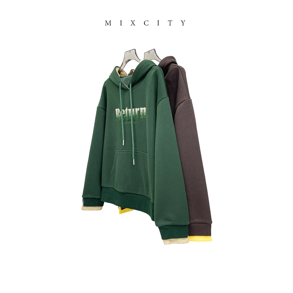 【MIXCITY亚楠家】拼色卫衣◆连帽渐变绣标设计长袖加绒款卫衣6469