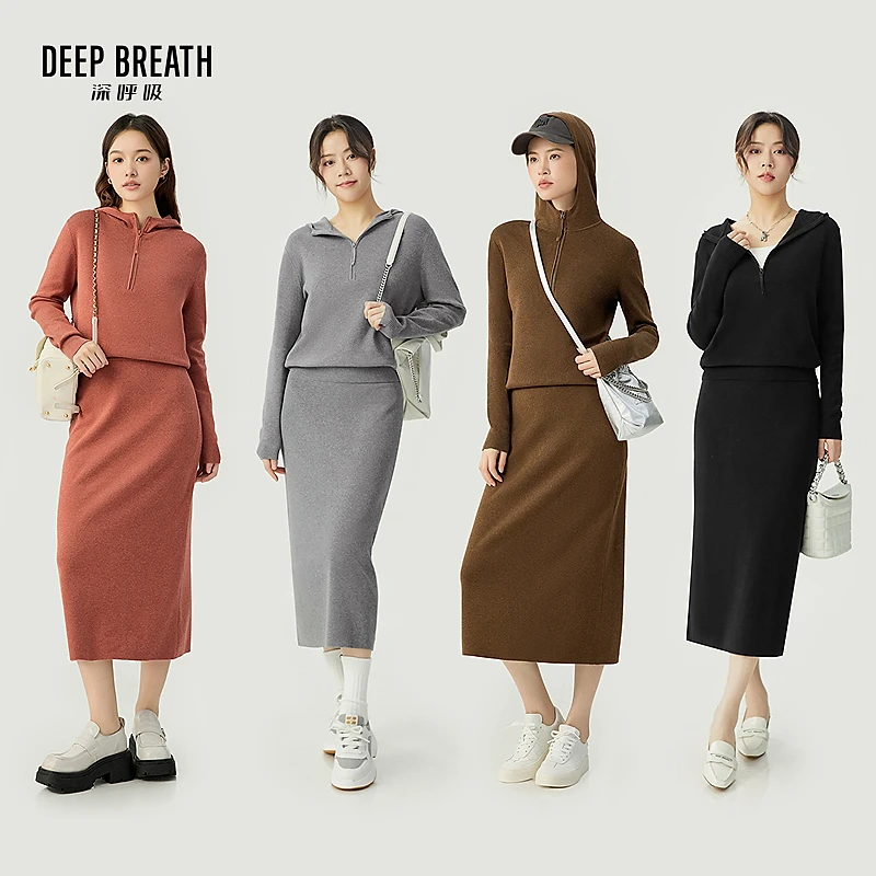 DEEP BREATH深呼吸女装春季休闲半拉链针织上衣连帽卫衣A301489