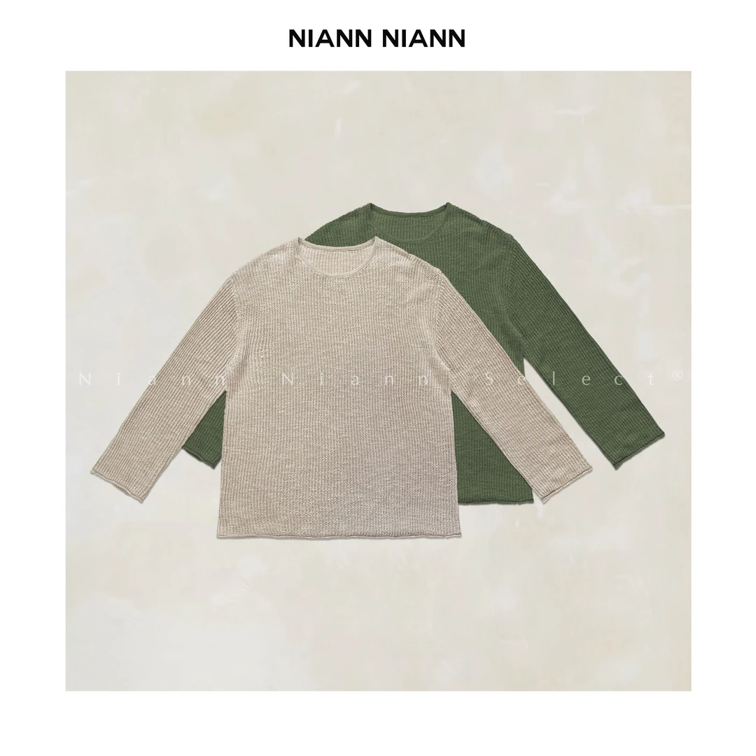 NiannNiann 新款女装简约慵懒卷边宽松亚麻花针织圆领上衣15836