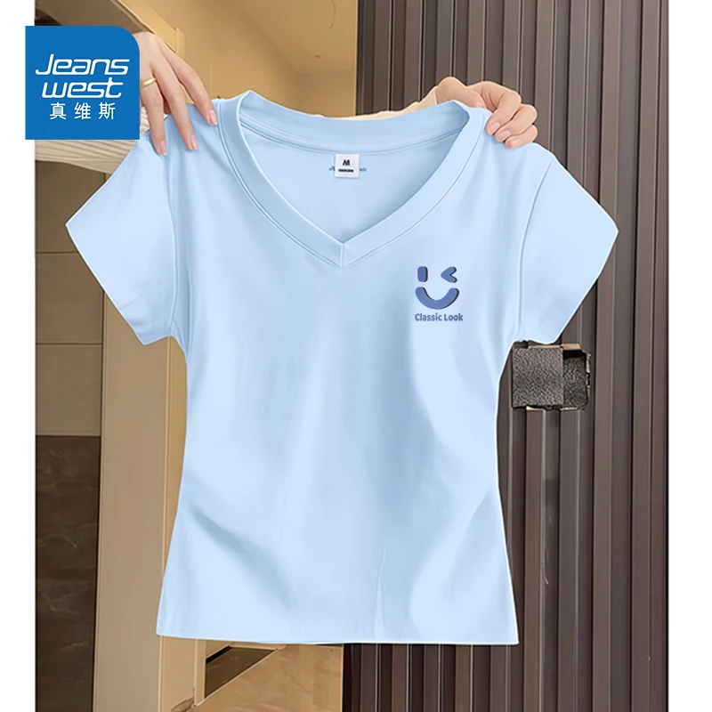 真维斯T恤女短袖V领宽松显瘦夏季女装2025新款印花正肩上衣ins