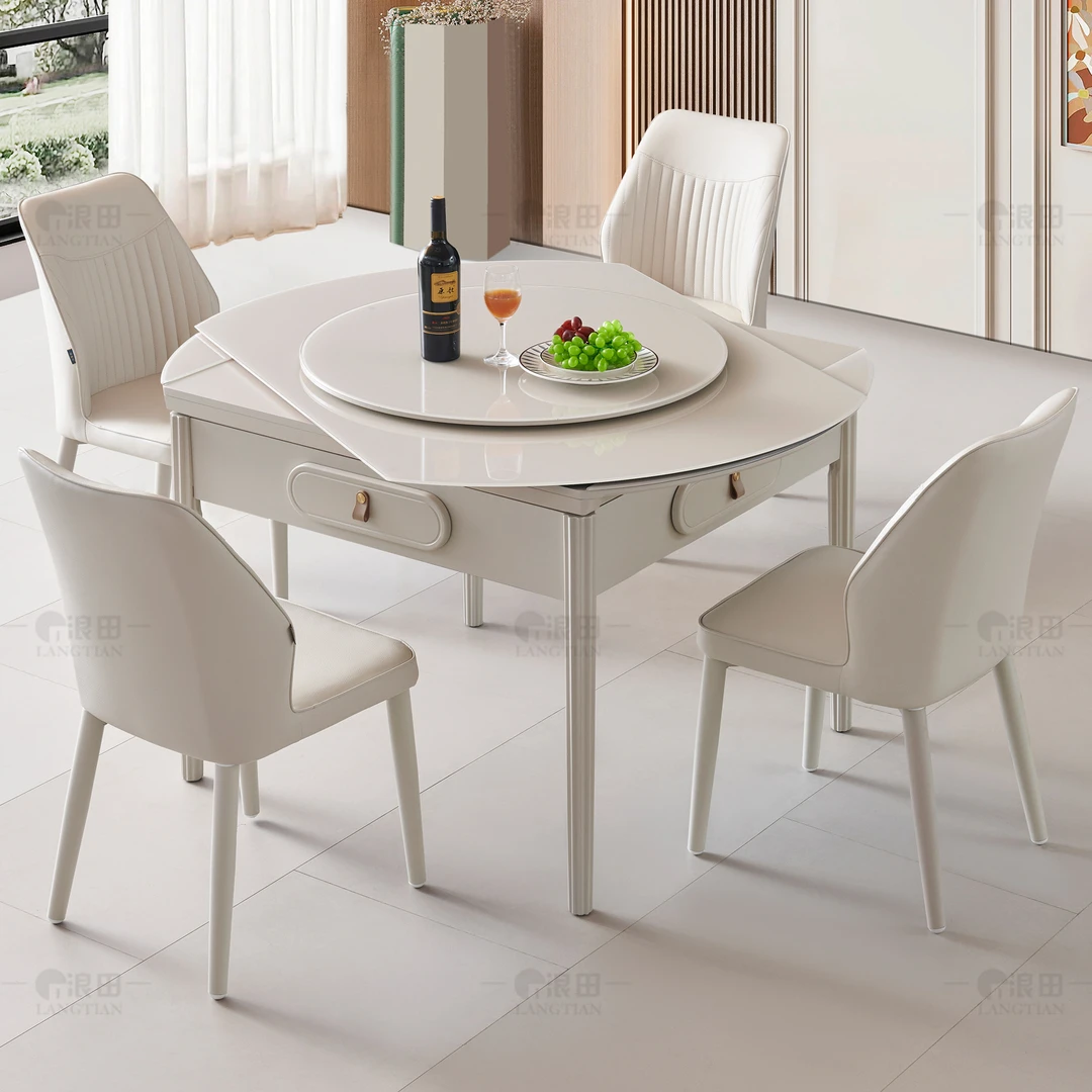 新款奶油风餐桌麻将桌两用一体小户型实木麻将机全自动旋转长变圆