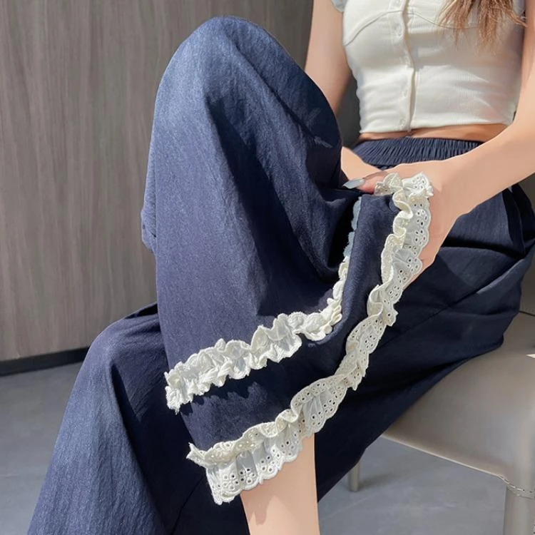 2025夏季新款蕾丝花边阔腿裤女DS韩系设计感别致高腰牛仔九分裤