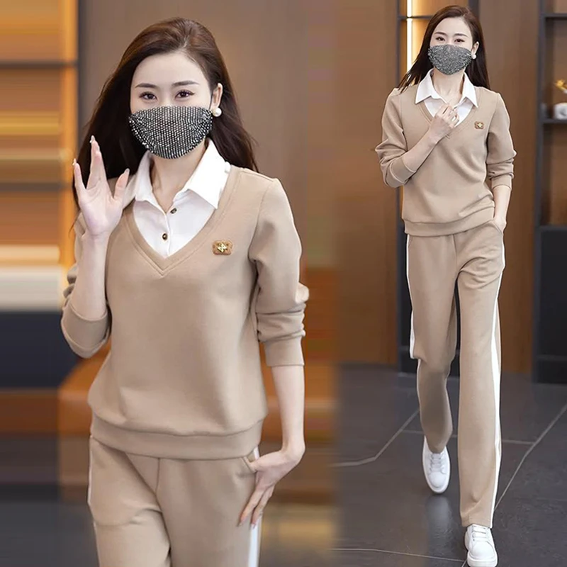 高含棉休闲运动服套装女2025年春秋新款减龄显瘦卫衣直筒裤两件套